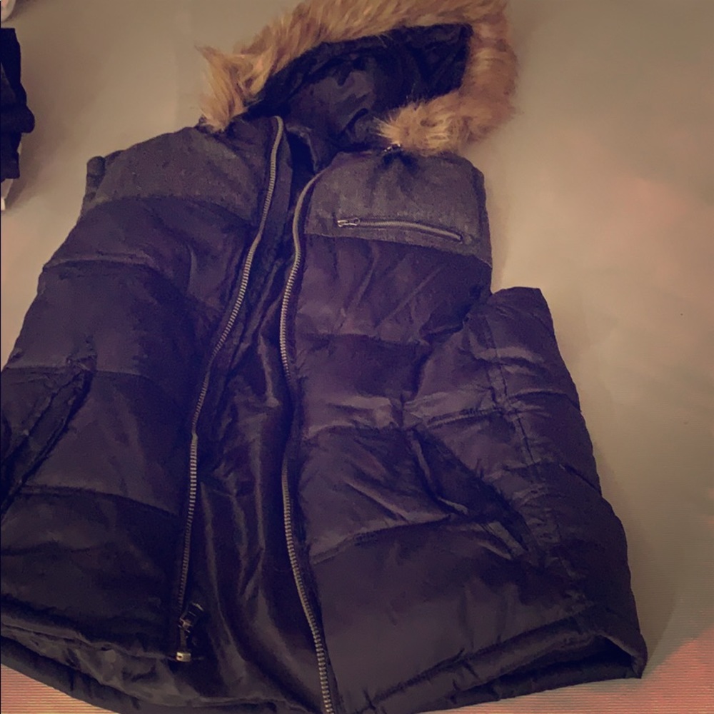 Dark blue hooded fur vest